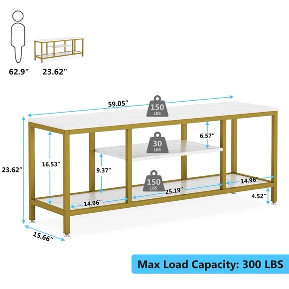 Tribesigns TV Stand, 59 Inches Gold 3-Tier TV Console for TVs Up to 65" - Picture 4 of 6